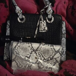 Black and White Snakeskin Pattern Handbag Set